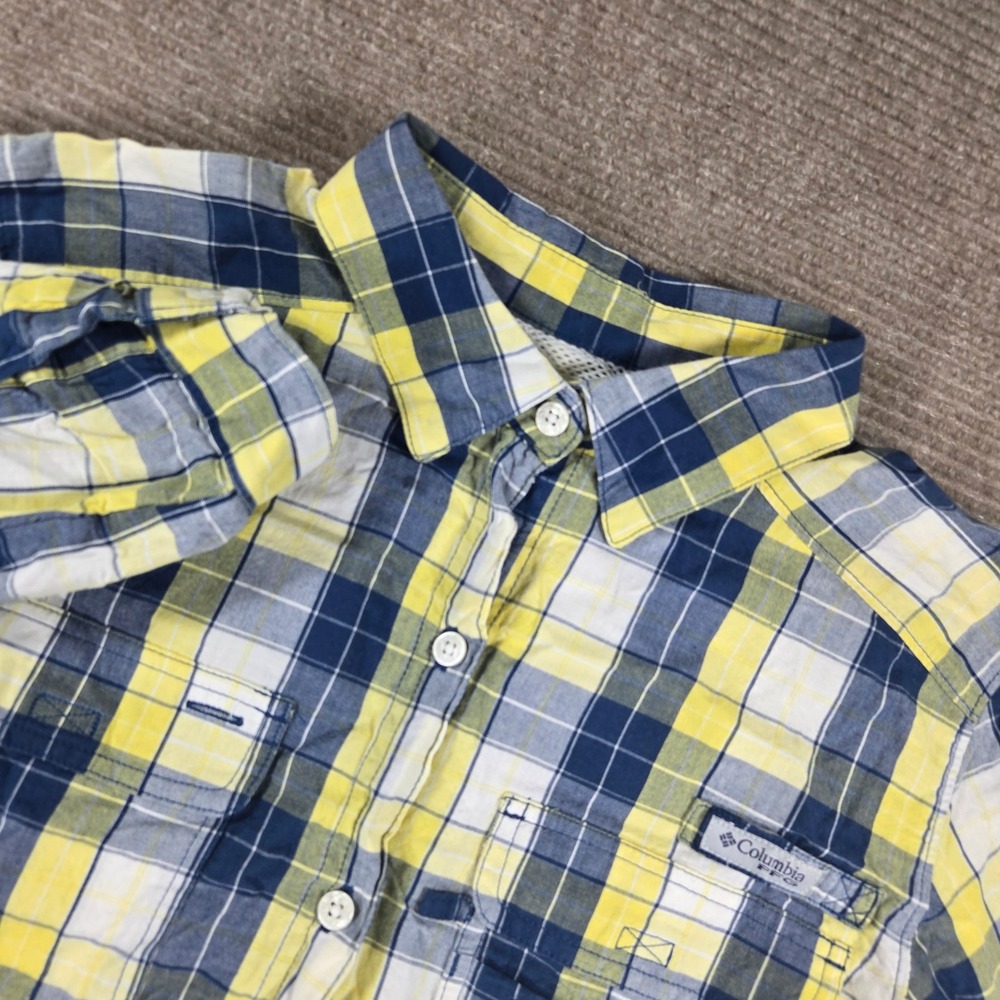 Columbia‎ Mens Small Yellow Blue Plaid PFG Vented Long Sleeve Fishing Shirt